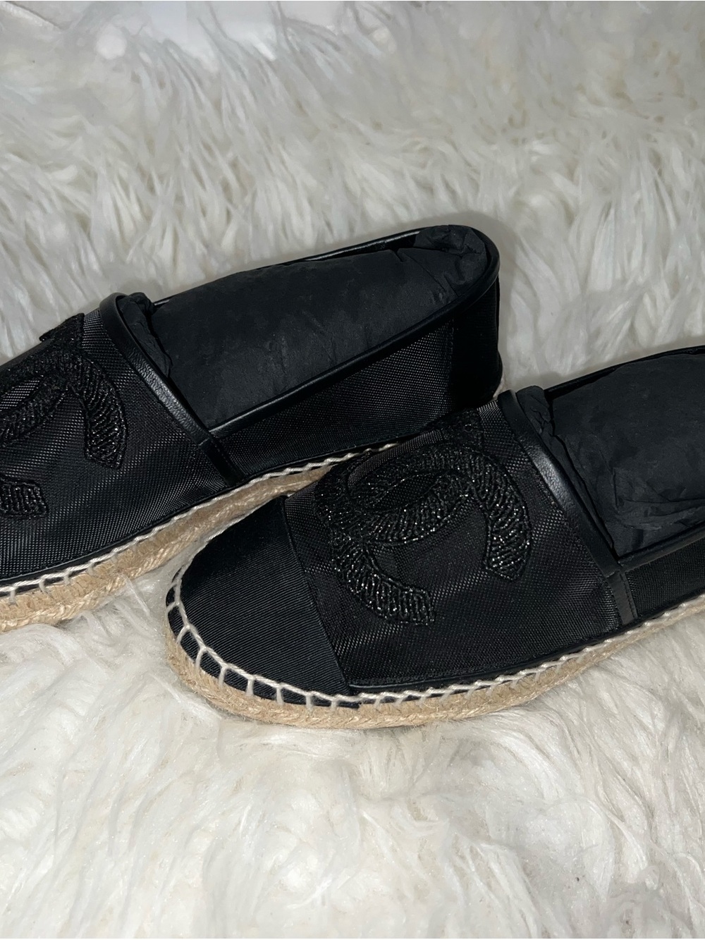 CHANEL Black Mesh Espadrille Slip-Ons with Embroidered CC - Picture 5 of 13